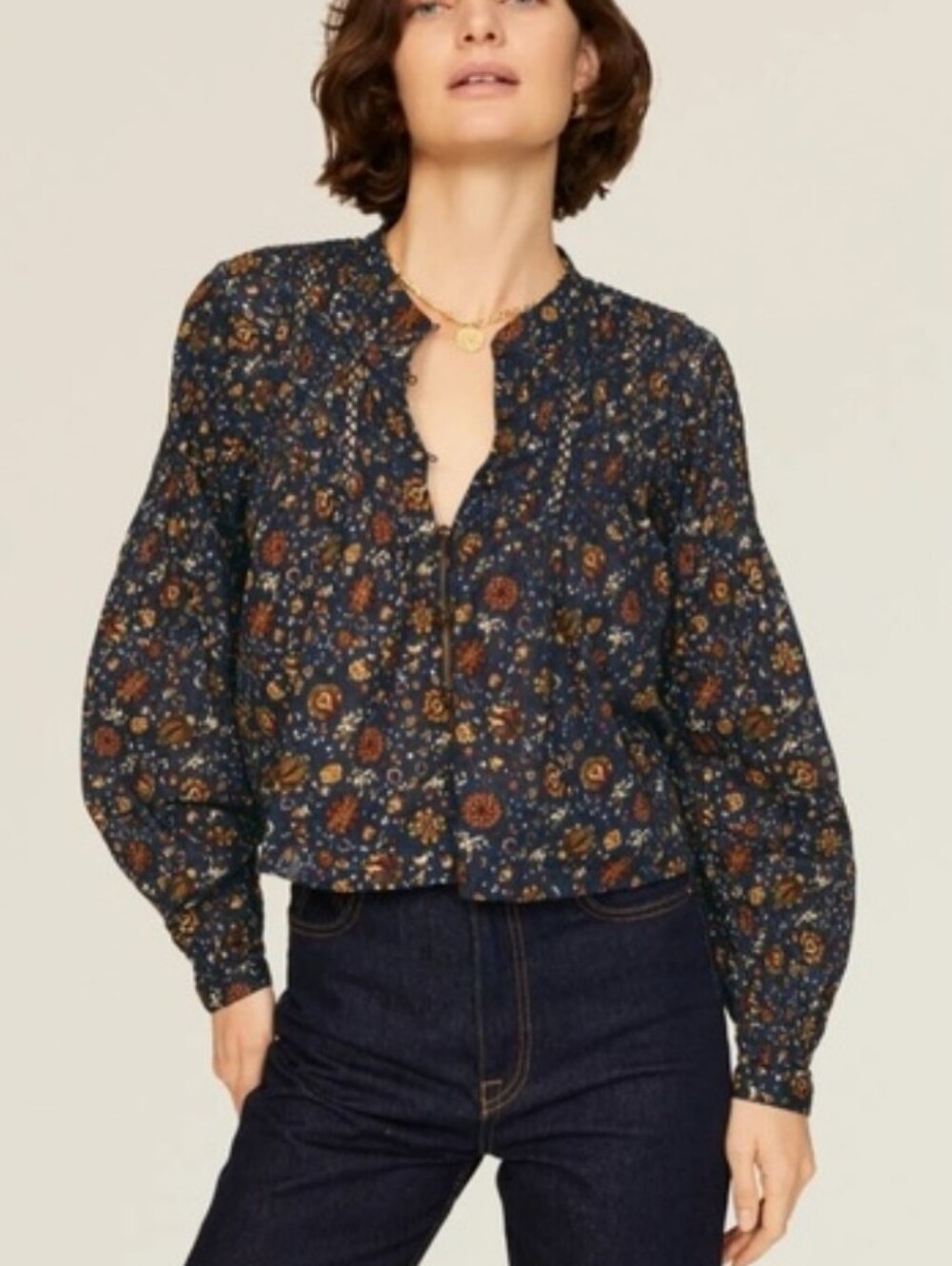 Veronica Beard Navy Floral Smocked Sherwood Blouse, Size 8